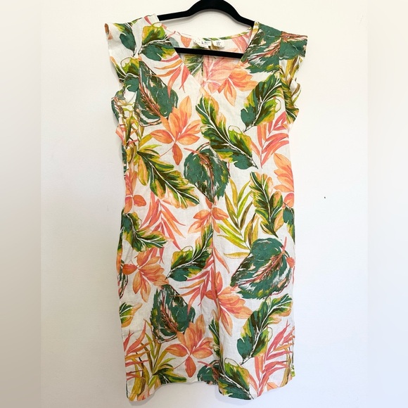 Nicole Miller Dress Floral Tropical 100% Linen medium Flutter Sleeve V-neck